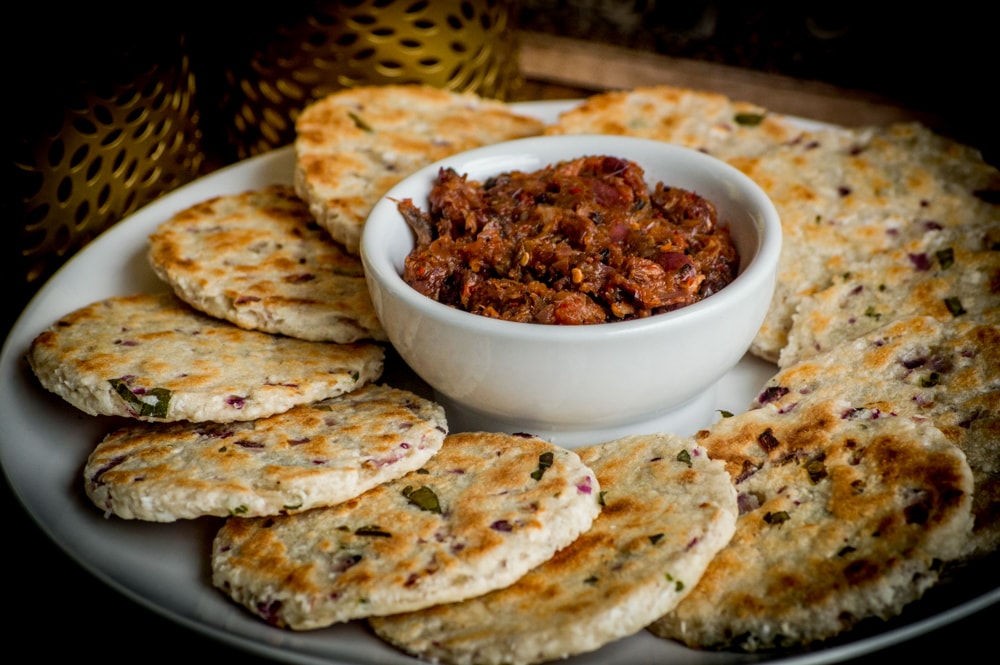 Pol (Coconut) roti with a traditional Sri Lankan spicy lunu miris (red onion and chilli sambol).